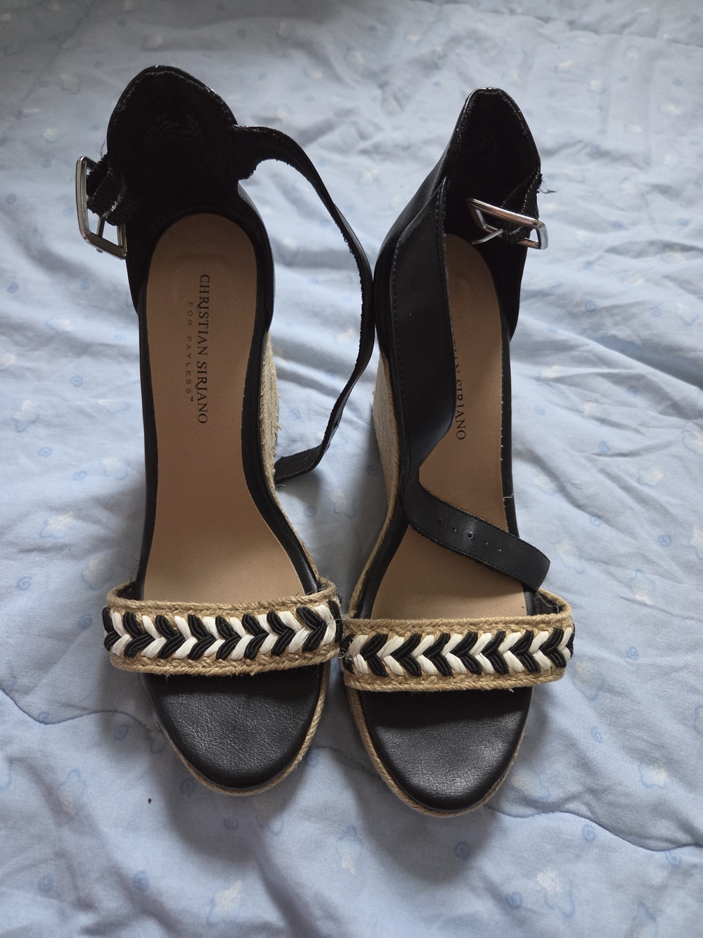 Christian Siriano Black and Cream Braided Espadrille Wedge Sandals
